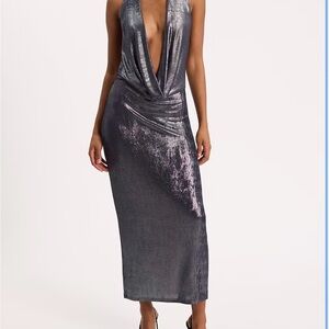 Metallic Cowl Neck Sleeveless Midi Sheath Dress